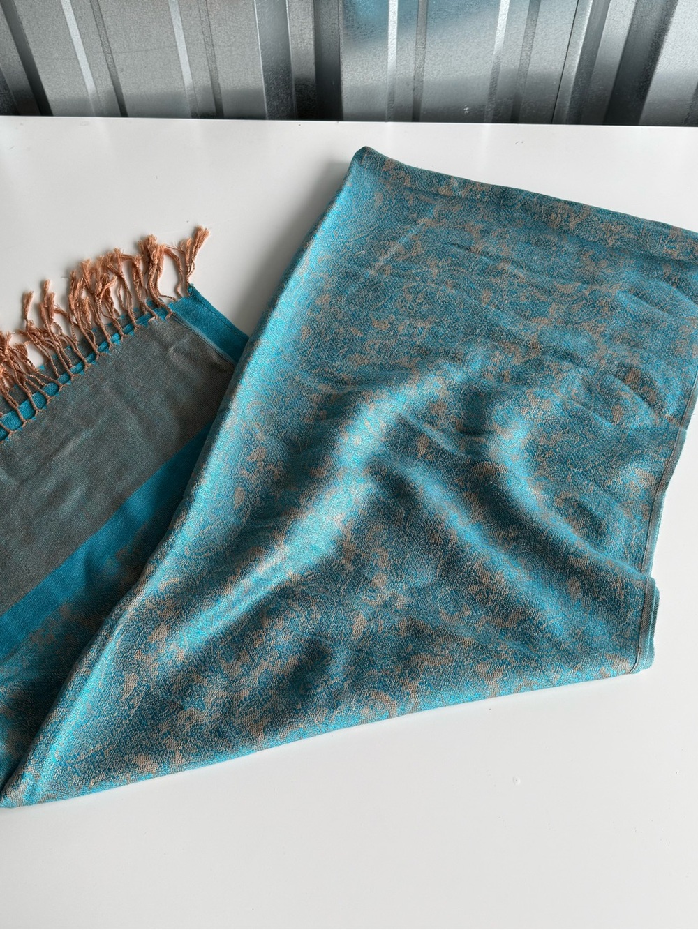100% Pashmina Turquoise Paisley Fringe Shawl Wrap Scarf